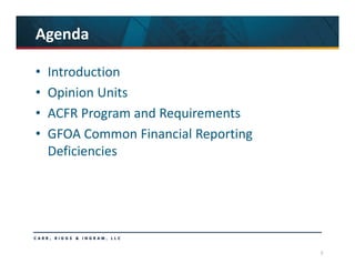 3
Agenda
• Introduction
• Opinion Units 
• ACFR Program and Requirements
• GFOA Common Financial Reporting 
Deficiencies
 