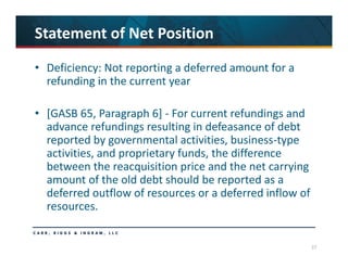 37
Statement of Net Position
• Deficiency: Not reporting a deferred amount for a 
refunding in the current year 
• [GASB 65, Paragraph 6] ‐ For current refundings and 
advance refundings resulting in defeasance of debt 
reported by governmental activities, business‐type 
activities, and proprietary funds, the difference 
between the reacquisition price and the net carrying 
amount of the old debt should be reported as a 
deferred outflow of resources or a deferred inflow of 
resources. 
 