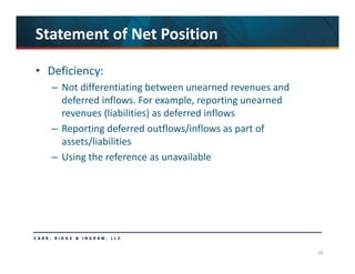 38
Statement of Net Position
• Deficiency: 
– Not differentiating between unearned revenues and 
deferred inflows. For example, reporting unearned 
revenues (liabilities) as deferred inflows 
– Reporting deferred outflows/inflows as part of 
assets/liabilities
– Using the reference as unavailable
 