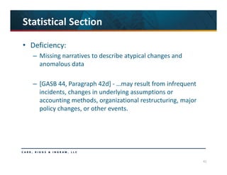 41
Statistical Section
• Deficiency: 
– Missing narratives to describe atypical changes and 
anomalous data 
– [GASB 44, Paragraph 42d] ‐ …may result from infrequent 
incidents, changes in underlying assumptions or 
accounting methods, organizational restructuring, major 
policy changes, or other events.
 
