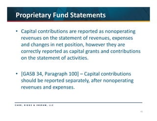 45
Proprietary Fund Statements
• Capital contributions are reported as nonoperating 
revenues on the statement of revenues, expenses 
and changes in net position, however they are 
correctly reported as capital grants and contributions 
on the statement of activities. 
• [GASB 34, Paragraph 100] – Capital contributions 
should be reported separately, after nonoperating 
revenues and expenses.
 
