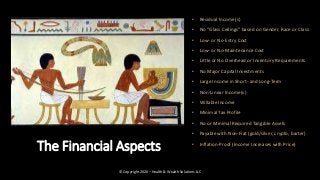 The Financial Aspects
• Residual Income(s)
• No “Glass Ceilings” based on Gender, Race or Class
• Low- or No-Entry Cost
• Low- or No-Maintenance Cost
• Little or No Overhead or Inventory Requirements
• No Major Capital Investments
• Large Income in Short- and Long-Term
• Non-Linear Income(s)
• Willable Income
• Minimal Tax Profile
• No or Minimal Required Tangible Assets
• Payable with Non-Fiat (gold/silver, crypto, barter)
• Inflation-Proof (Income Increases with Price)
© Copyright 2020 – Health & Wealth Solutions LLC
 