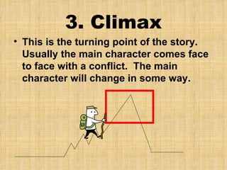 3. Climax This is the turning point of the story. Usually the main character comes face to face with a conflict.  The main character will change in some way. 