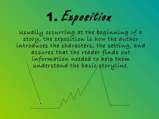 1.    Exposition
 Usually occurring at the beginning of a
  story, the exposition is how the author
introduces the characters, the setting, and
     assures that the reader finds out
     information needed to help them
     understand the basic storyline.
 