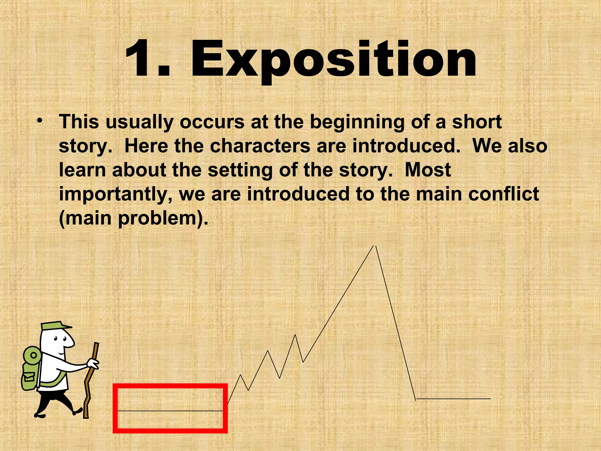 1. Exposition
• This usually occurs at the beginning of a short
story. Here the characters are introduced. We also
learn about the setting of the story. Most
importantly, we are introduced to the main conflict
(main problem).