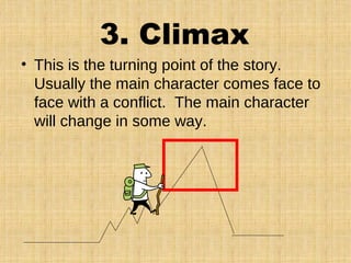 3. Climax
• This is the turning point of the story.
Usually the main character comes face to
face with a conflict. The main character
will change in some way.
 