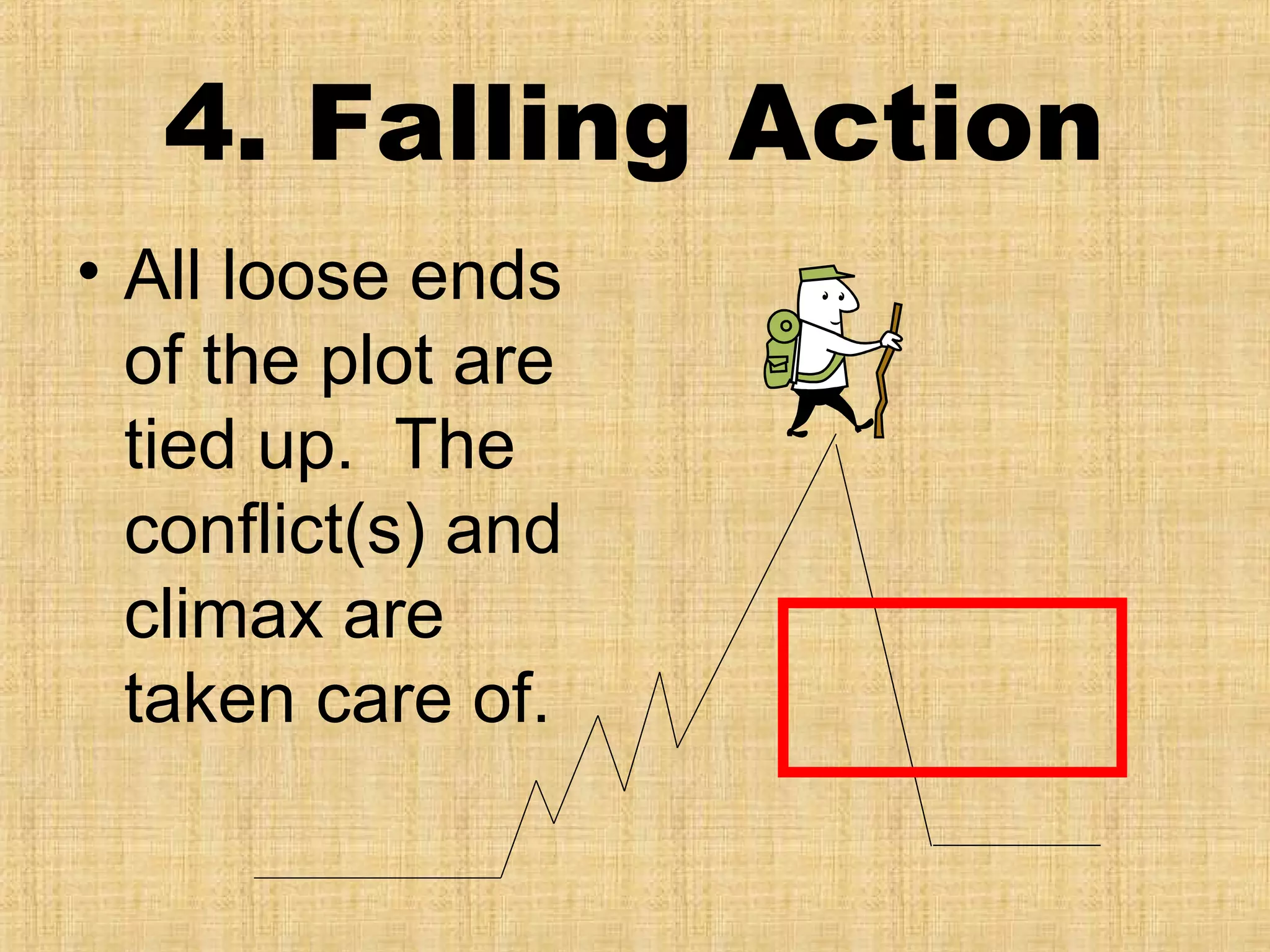 4. Falling Action
• All loose ends
of the plot are
tied up. The
conflict(s) and
climax are
taken care of.

 
