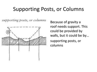 Supporting Posts, or Columns
Because of gravity a
roof needs support. This
could be provided by
walls, but it could be by…
supporting posts, or
columns
 