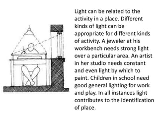 Light can be related to the
activity in a place. Different
kinds of light can be
appropriate for different kinds
of activity. A jeweler at his
workbench needs strong light
over a particular area. An artist
in her studio needs constant
and even light by which to
paint. Children in school need
good general lighting for work
and play. In all instances light
contributes to the identification
of place.
 
