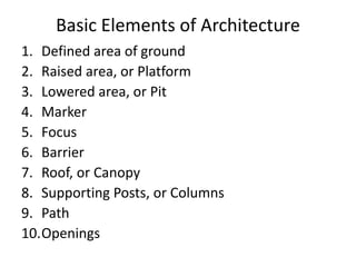 Basic Elements of Architecture
1. Defined area of ground
2. Raised area, or Platform
3. Lowered area, or Pit
4. Marker
5. Focus
6. Barrier
7. Roof, or Canopy
8. Supporting Posts, or Columns
9. Path
10.Openings
 