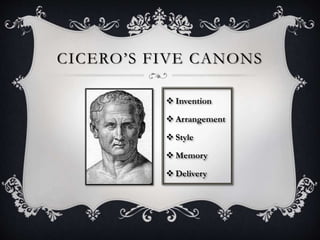  Invention
 Arrangement
 Style
 Memory
 Delivery
CICERO’S FIVE CANONS
 