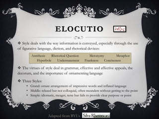  Style deals with the way information is conveyed, especially through the use
of figurative language, diction, and rhetorical devices:
Antithesis Rhetorical Question Metonymy Metaphor
Hyperbole Understatement Frankness Conciseness
 The virtues of style deal in grammar, effective and affective appeals, the
decorum, and the importance of ornamenting language
 Three Styles:
• Grand: ornate arrangement of impressive words and inflated langauge
• Middle: relaxed but not colloquial, often meanders without getting to the point
• Simple: idiomatic, meager, terse but fails to provide clear purpose or point
ELOCUTIO
Adapted from BYUs
 