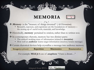  Memory is the "treasury of things invented“ (Ad Herennium).
• Research, exposure, and experience are the foundations of memory—
the storing up of useful tools, materials, and knowledge.
 Historically, memory pertained to oration, rather than to written text.
 In contemporary rhetoric, memory has two distinct parts:
• The author’s working store of information (related to invention)
• How well an audience learns target information (receives/retains message)
 Certain rhetorical devices help crystallize a message into audience memory
Imagery(ecphrasis) Repetition Mnemonics Enumeration
For example: MLK Jr.’s use of anaphora: “I have a dream…”
MEMORIA
Adapted from BYUs
 