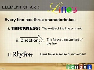 Every line has three characteristics:
i. THICKNESS:
ii. Direction:
iii. Rhythm:
The width of the line or mark
The forward ...