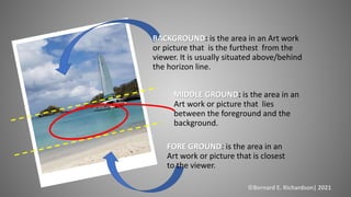 MIDDLE GROUND: is the area in an
Art work or picture that lies
between the foreground and the
background.
BACKGROUND: is t...