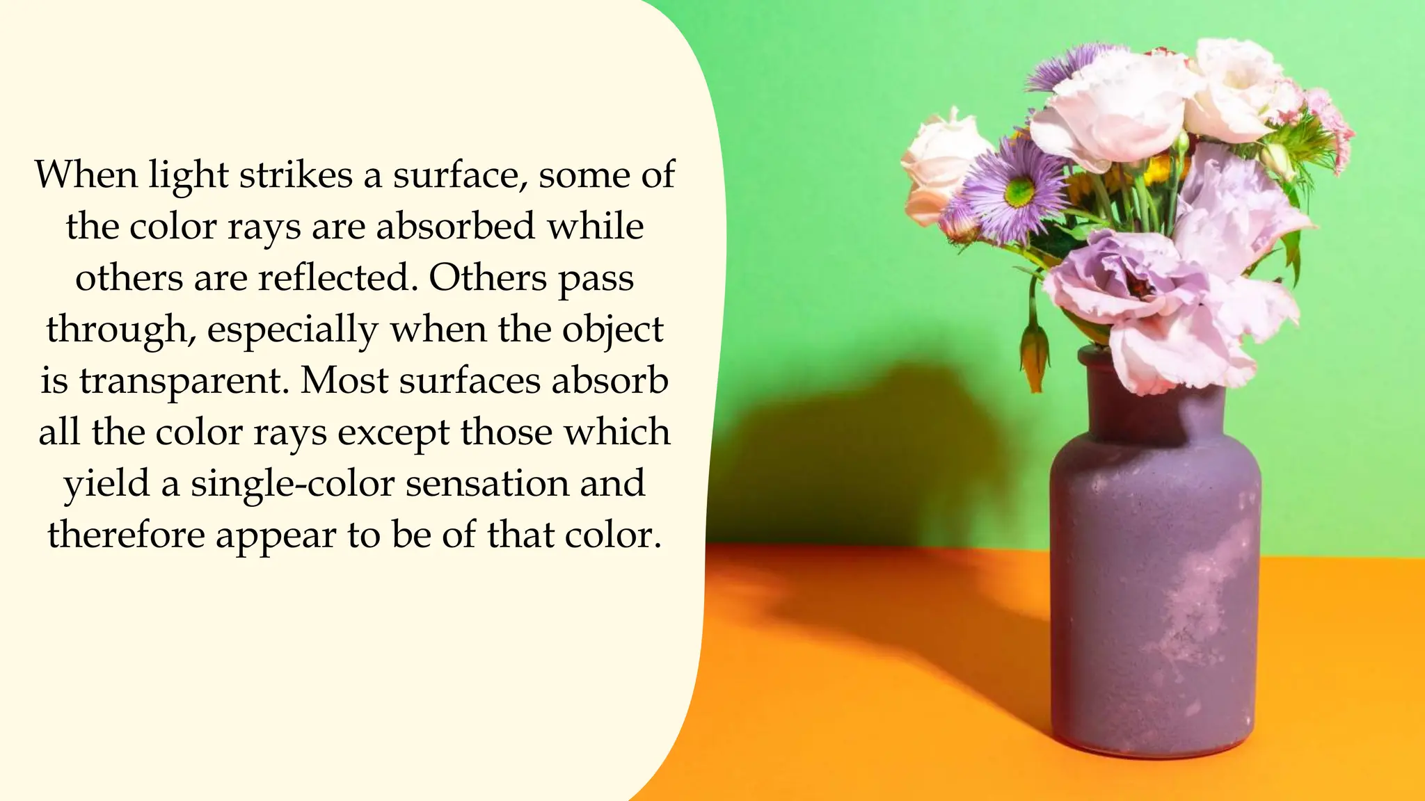 When light strikes a surface, some of
the color rays are absorbed while
others are reflected. Others pass
through, especially when the object
is transparent. Most surfaces absorb
all the color rays except those which
yield a single-color sensation and
therefore appear to be of that color.
 