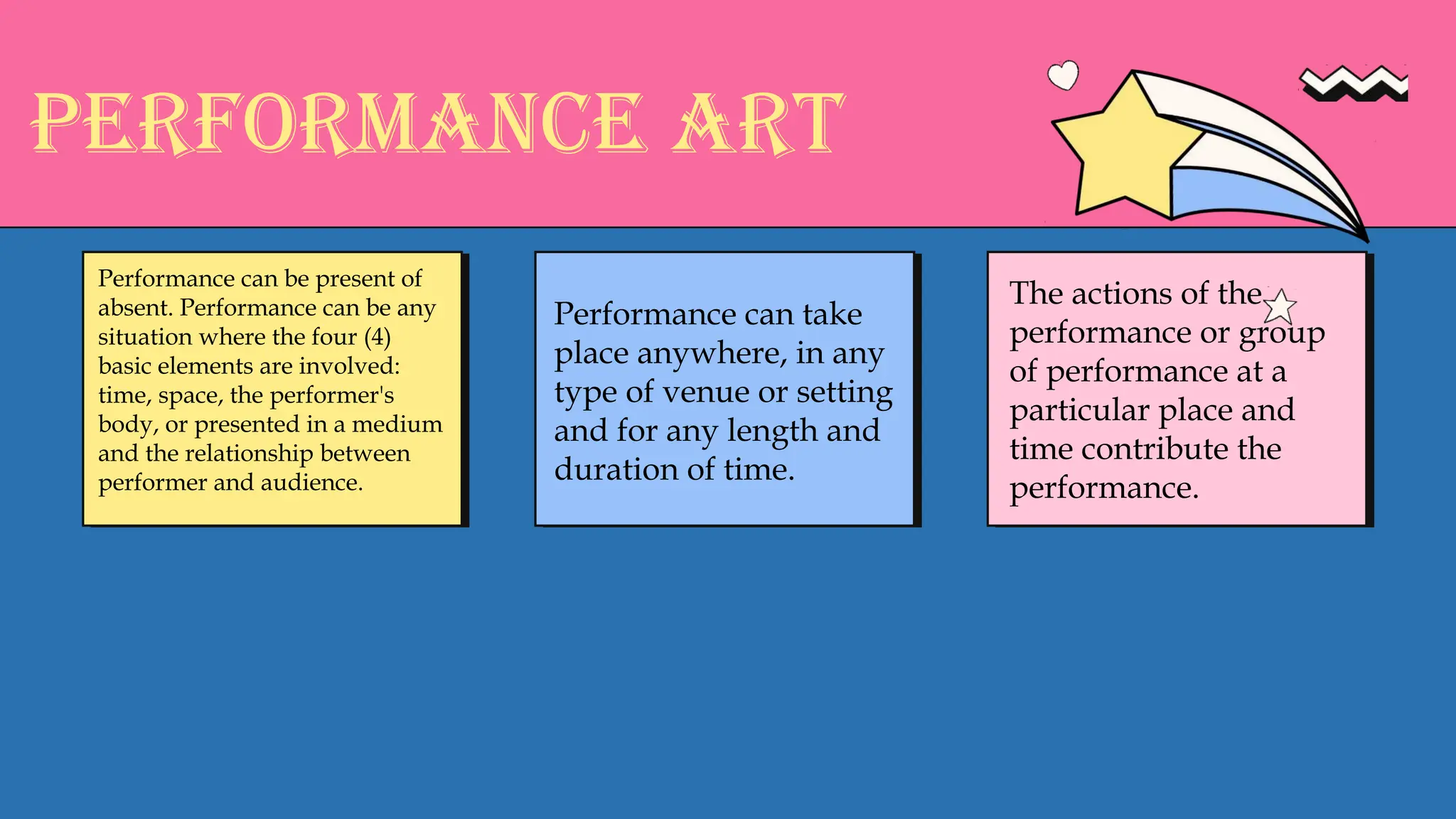 Performance can be present of
absent. Performance can be any
situation where the four (4)
basic elements are involved:
time, space, the performer's
body, or presented in a medium
and the relationship between
performer and audience.
Performance can take
place anywhere, in any
type of venue or setting
and for any length and
duration of time.
The actions of the
performance or group
of performance at a
particular place and
time contribute the
performance.
Performance Art
 
