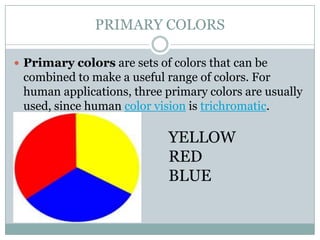 PRIMARY COLORS

 Primary colors are sets of colors that can be
 combined to make a useful range of colors. For
 human applications, three primary colors are usually
 used, since human color vision is trichromatic.

                            YELLOW
                            RED
                            BLUE
 