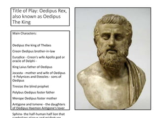 Title of Play: Oedipus Rex,
also known as Oedipus
The King
Main Characters:
Oedipus the king of Thebes
Creon Oedipus brother-in-law
Eurydice - Creon's wife Apollo god or
oracle of Delphi -
King Laius father of Oedipus
Jocasta - mother and wife of Oedipus
→ Polynices and Eteocles - sons of
Oedipus
Tiresias the blind prophet
Polybus Oedipus foster father
Merope Oedipus foster mother
Antigone and Ismene - the daughters
of Oedipus Haemon Antigone's lover
Sphinx- the half-human half lion that
 