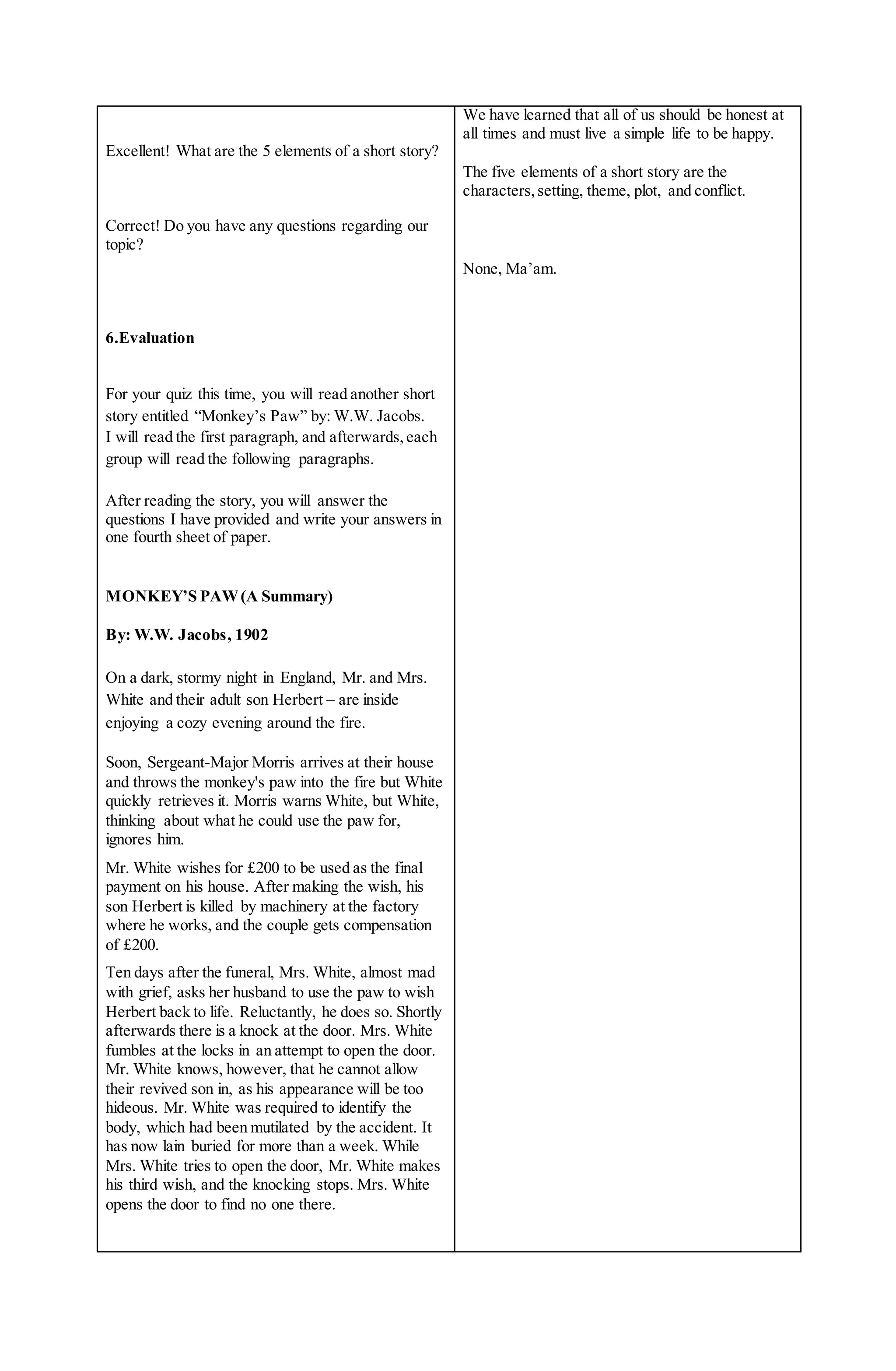 Elements of a short story.Lesson Plan | DOCX