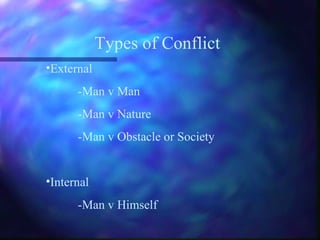 Types of Conflict External -Man v Man -Man v Nature -Man v Obstacle or Society Internal -Man v Himself 