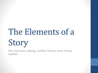 The Elements of a 
Story 
Plot, Characters, Settings, Conflict, Themes, Point of View, 
Symbols 
 