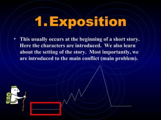1.Exposition
• This usually occurs at the beginning of a short story.
Here the characters are introduced. We also learn
about the setting of the story. Most importantly, we
are introduced to the main conflict (main problem).
 