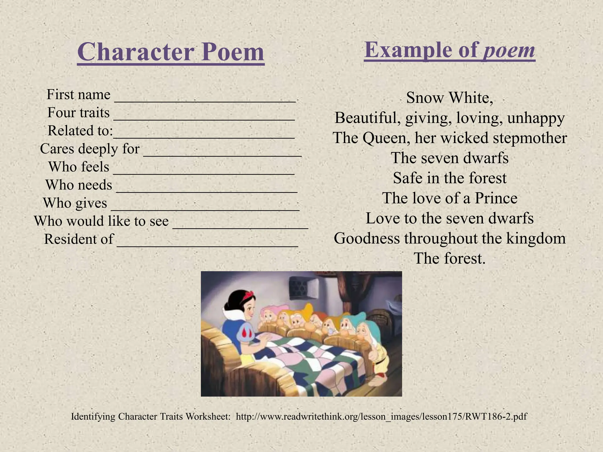 Identifying Character Traits Worksheet: http://www.readwritethink.org/lesson_images/lesson175/RWT186-2.pdf
Character Poem
First name ________________________
Four traits ________________________
Related to:________________________
Cares deeply for _____________________
Who feels ________________________
Who needs ________________________
Who gives _________________________
Who would like to see __________________
Resident of ________________________
Example of poem
Snow White,
Beautiful, giving, loving, unhappy
The Queen, her wicked stepmother
The seven dwarfs
Safe in the forest
The love of a Prince
Love to the seven dwarfs
Goodness throughout the kingdom
The forest.
 