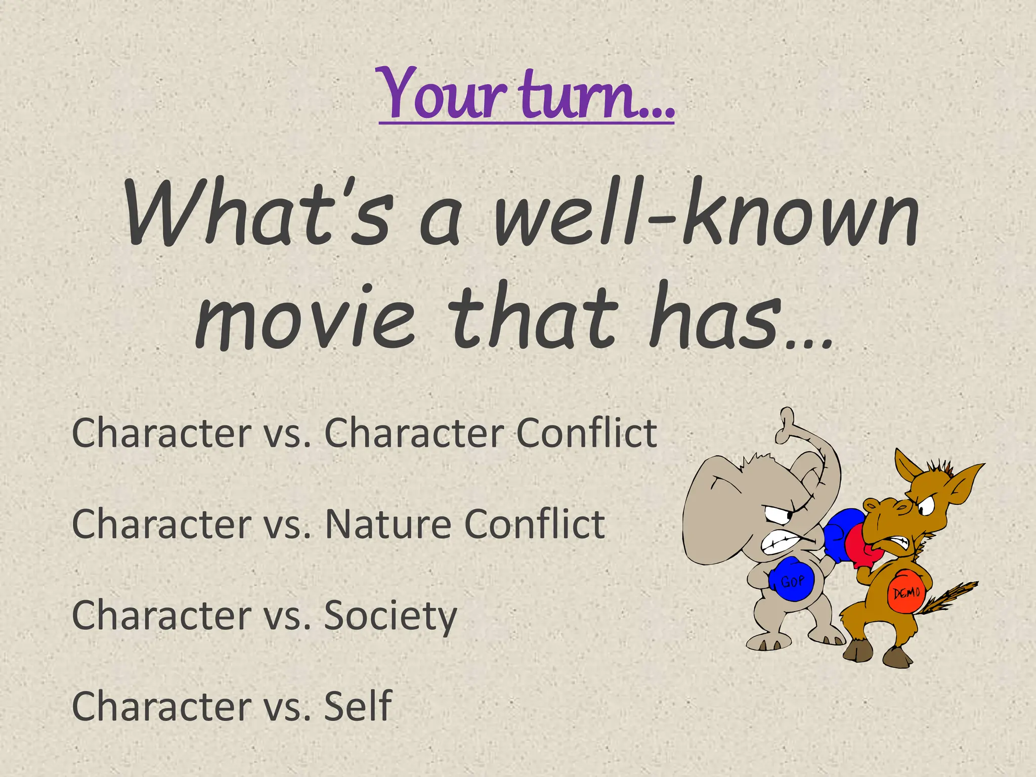 Your turn…
What’s a well-known
movie that has…
Character vs. Character Conflict
Character vs. Nature Conflict
Character vs. Society
Character vs. Self
 