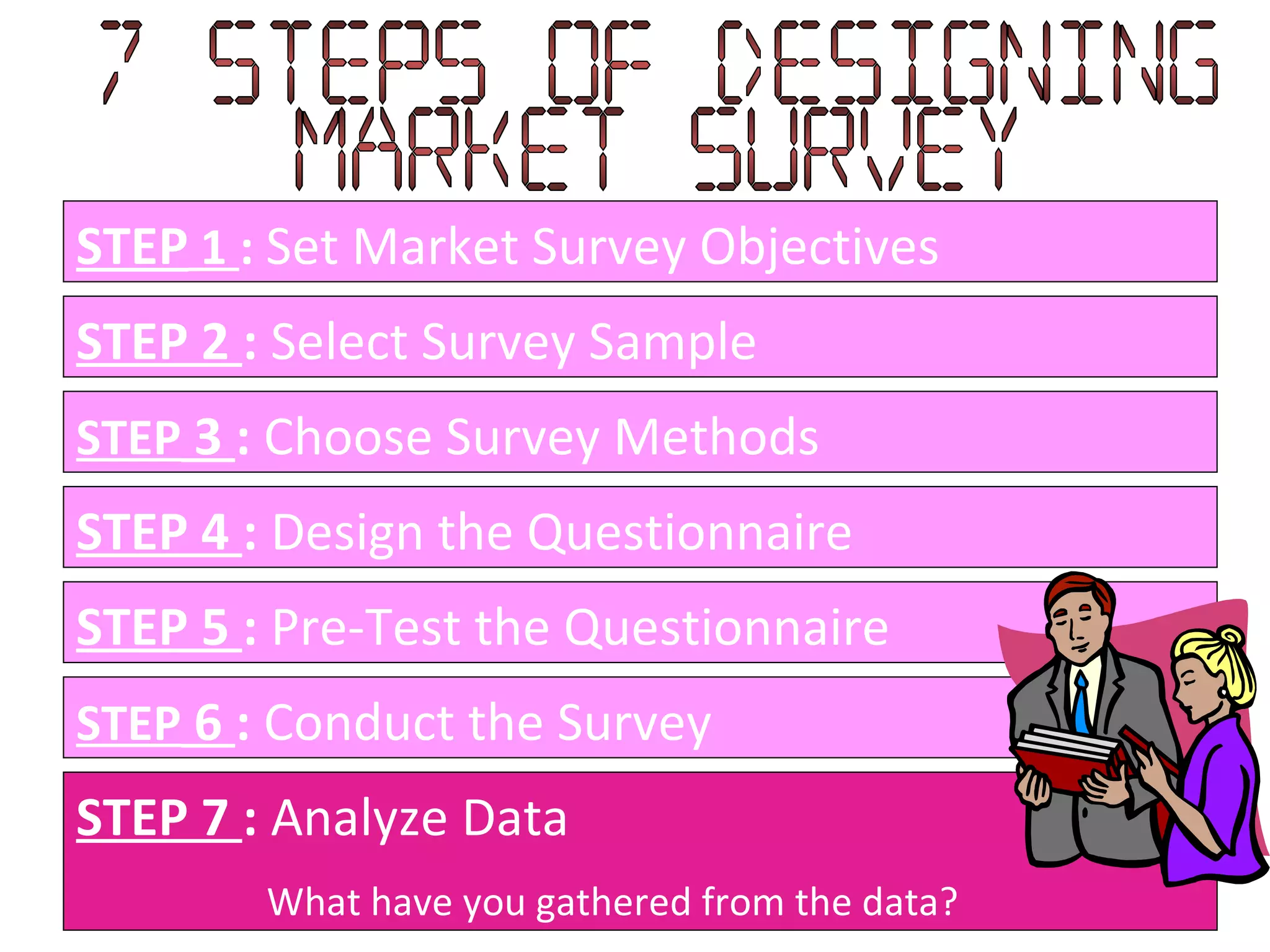 STEP  1  :   Set Market Survey Objectives STEP 2  :  Select Survey Sample STEP  3  :  Choose Survey Methods STEP 4  :  Design the Questionnaire STEP 5  :  Pre-Test the Questionnaire STEP  6  :  Conduct the Survey STEP 7  :  Analyze Data What have you gathered from the data? 7 Steps of designing  Market Survey 