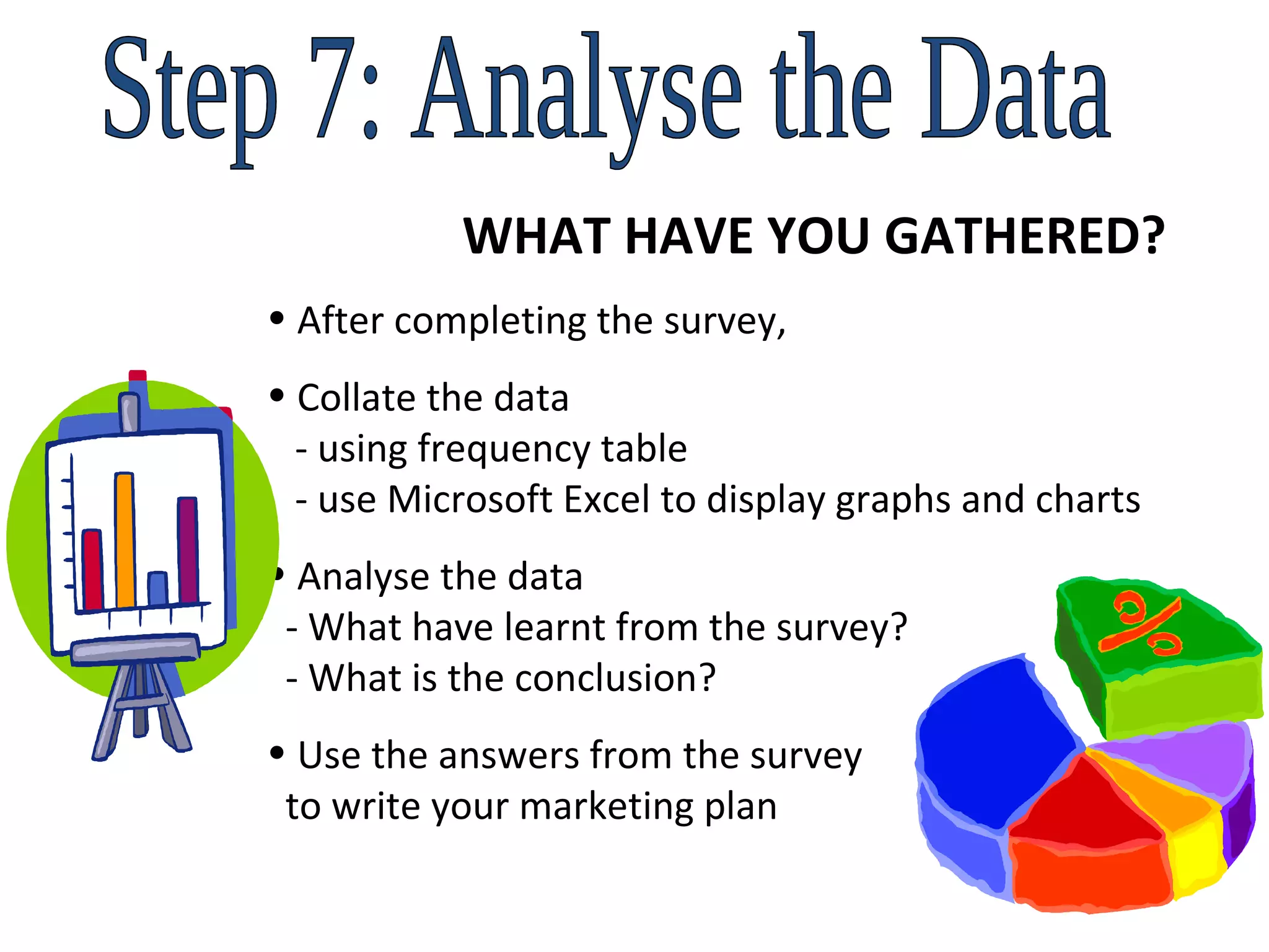 Step 7: Analyse the Data WHAT HAVE YOU GATHERED? After completing the survey,  Collate the data   - using frequency table   - use Microsoft Excel to display graphs and charts Analyse the data   - What have learnt from the survey?   - What is the conclusion? Use the answers from the survey    to write your marketing plan 