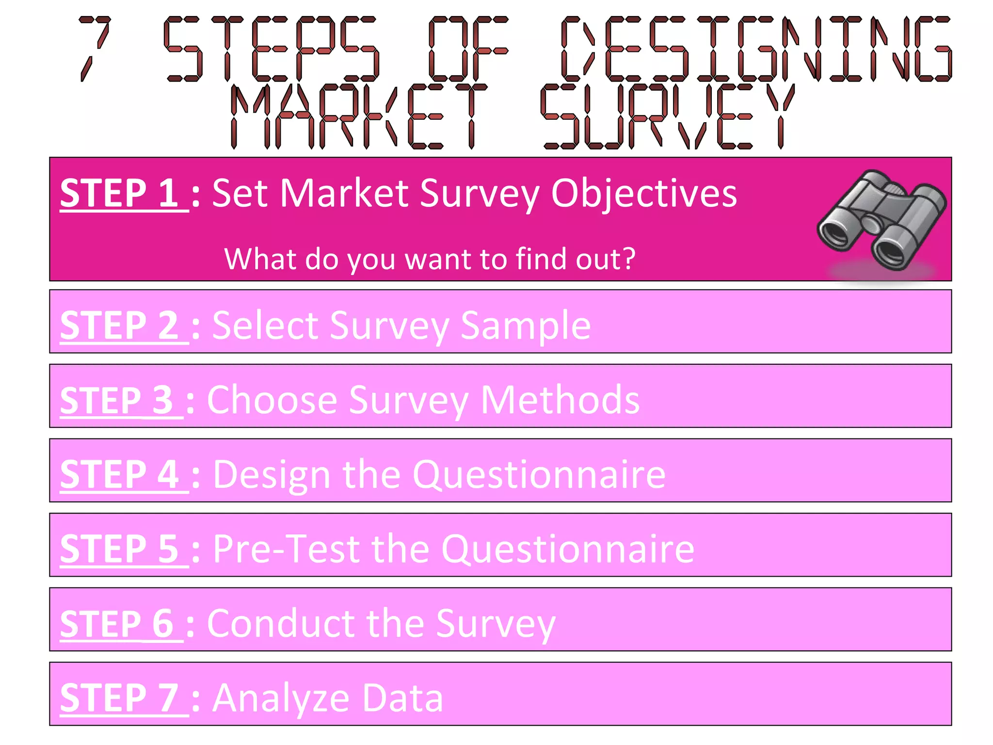 STEP 1  :  Set Market Survey Objectives What do you want to find out? STEP 2  :  Select Survey Sample STEP  3  :  Choose Survey Methods STEP 4  :  Design the Questionnaire STEP 5  :  Pre-Test the Questionnaire STEP  6  :  Conduct the Survey STEP 7  :  Analyze Data 7 Steps of designing  Market Survey 