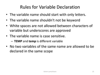 Rules for Variable Declaration
• The variable name should start with only letters.
• The variable name shouldn't not be keyword
• White spaces are not allowed between characters of
variable but underscores are approved
• The variable name is case sensitive.
– TEMP and temp is different variable
• No two variables of the same name are allowed to be
declared in the same scope
Ashim Lamichhane 25
 