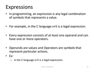 Expressions
• In programming, an expression is any legal combination
of symbols that represents a value.
• For example, in the C language x+5 is a legal expression.
• Every expression consists of at least one operand and can
have one or more operators.
• Operands are values and Operators are symbols that
represent particular actions.
• Ex:
– in the C language x+5 is a legal expression.
Ashim Lamichhane 33
 