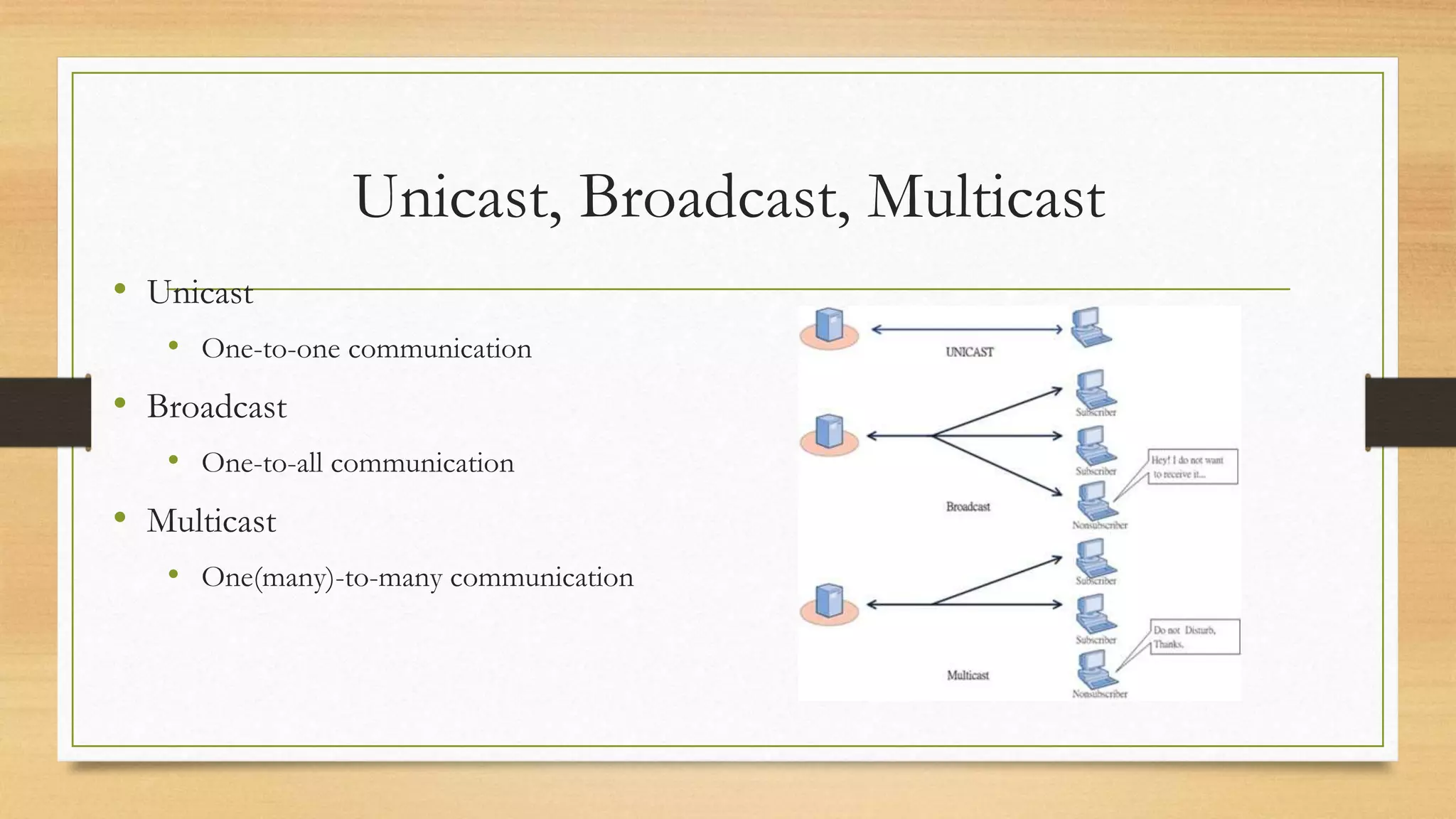 Unicast, Broadcast, Multicast
• Unicast
• One-to-one communication
• Broadcast
• One-to-all communication
• Multicast
• One(many)-to-many communication
 