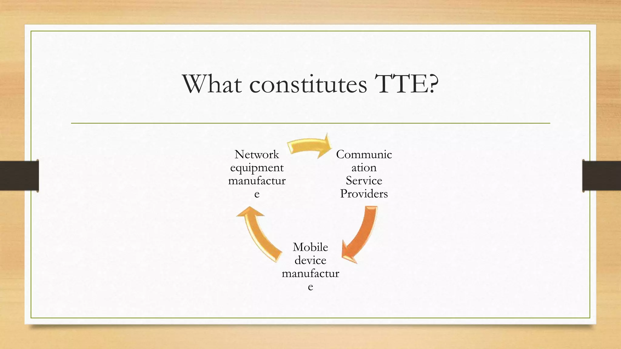 What constitutes TTE?
Communic
ation
Service
Providers
Mobile
device
manufactur
e
Network
equipment
manufactur
e
 
