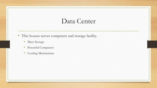 Data Center
• This houses server computers and storage facility.
• Mass Storage
• Powerful Computers
• Cooling Mechanisms
 