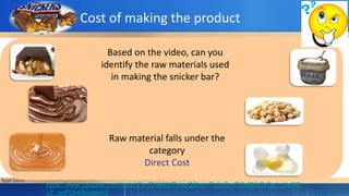 https://www.youtube.com/watch?v=ZXAWU7hiseQ&list=PL0vRmiTj6a6NV2rCe1_tJaW8
uT_bqPDb4&index=2
Based on the video, can you
identify the raw materials used
in making the snicker bar?
Cost of making the product
Raw material falls under the
category
Direct Cost
 