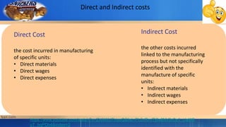 https://www.youtube.com/watch?v=ZXAWU7hiseQ&list=PL0vRmiTj6a6NV2rCe1_tJaW8
uT_bqPDb4&index=2
Direct and Indirect costs
Direct Cost
the cost incurred in manufacturing
of specific units:
• Direct materials
• Direct wages
• Direct expenses
Indirect Cost
the other costs incurred
linked to the manufacturing
process but not specifically
identified with the
manufacture of specific
units:
• Indirect materials
• Indirect wages
• Indirect expenses
 