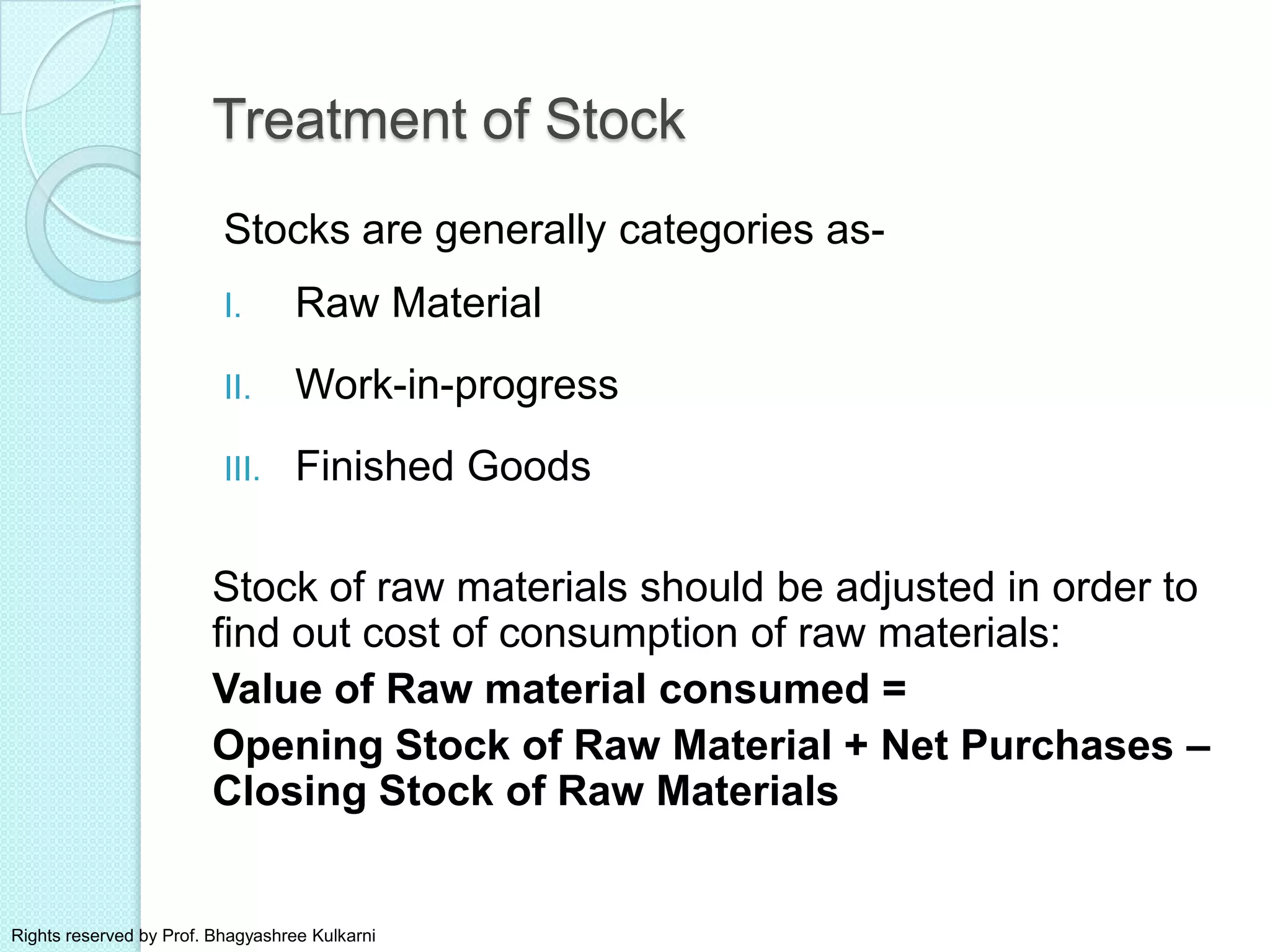Treatment of Stock
Stocks are generally categories as-
I. Raw Material
II. Work-in-progress
III. Finished Goods
Stock of raw materials should be adjusted in order to
find out cost of consumption of raw materials:
Value of Raw material consumed =
Opening Stock of Raw Material + Net Purchases –
Closing Stock of Raw Materials
Rights reserved by Prof. Bhagyashree Kulkarni
 
