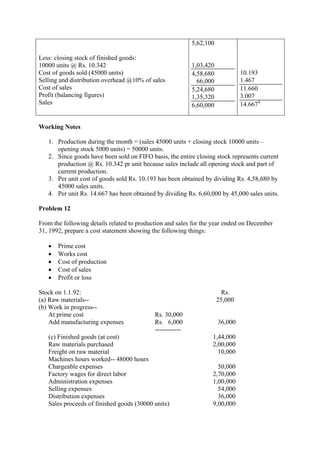 Less: closing stock of finished goods:
10000 units @ Rs. 10.342
Cost of goods sold (45000 units)
Selling and distribution overhead @10% of sales
Cost of sales
Profit (balancing figures)
Sales
5,62,100
1,03,420
4,58,680
66,000
5,24,680
1,35,320
6,60,000
10.193
1.467
11.660
3.007
14.6674
Working Notes
1. Production during the month = (sales 45000 units + closing stock 10000 units –
opening stock 5000 units) = 50000 units.
2. Since goods have been sold on FIFO basis, the entire closing stock represents current
production @ Rs. 10.342 pr unit because sales include all opening stock and part of
current production.
3. Per unit cost of goods sold Rs. 10.193 has been obtained by dividing Rs. 4,58,680 by
45000 sales units.
4. Per unit Rs. 14.667 has been obtained by dividing Rs. 6,60,000 by 45,000 sales units.
Problem 12
From the following details related to production and sales for the year ended on December
31, 1992, prepare a cost statement showing the following things:
• Prime cost
• Works cost
• Cost of production
• Cost of sales
• Profit or loss
Stock on 1.1.92: Rs.
(a) Raw materials-- 25,000
(b) Work in progress--
At prime cost Rs. 30,000
Add manufacturing expenses Rs. 6,000 36,000
------------
(c) Finished goods (at cost) 1,44,000
Raw materials purchased 2,00,000
Freight on raw material 10,000
Machines hours worked-- 48000 hours
Chargeable expenses 50,000
Factory wages for direct labor 2,70,000
Administration expenses 1,00,000
Selling expenses 54,000
Distribution expenses 36,000
Sales proceeds of finished goods (30000 units) 9,00,000
 
