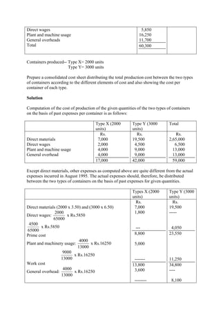 Direct wages
Plant and machine usage
General overheads
Total
5,850
16,250
11,700
60,300
Containers produced-- Type X= 2000 units
Type Y= 3000 units
Prepare a consolidated cost sheet distributing the total production cost between the two types
of containers according to the different elements of cost and also showing the cost per
container of each type.
Solution
Computation of the cost of production of the given quantities of the two types of containers
on the basis of past expenses per container is as follows:
Type X (2000
units)
Type Y (3000
units)
Total
Direct materials
Direct wages
Plant and machine usage
General overhead
Rs.
7,000
2,000
4,000
4,000
17,000
Rs.
19,500
4,500
9,000
9,000
42,000
Rs.
2,65,000
6,500
13,000
13,000
59,000
Except direct materials, other expenses as computed above are quite different from the actual
expenses incurred in August 1995. The actual expenses should, therefore, be distributed
between the two types of containers on the basis of past expenses for given quantities.
Types X (2000
units)
Type Y (3000
units)
Direct materials (2000 x 3.50) and (3000 x 6.50)
Direct wages:
65000
2000
x Rs.5850
65000
4500
x Rs.5850
Prime cost
Plant and machinery usage:
13000
4000
x Rs.16250
13000
9000
x Rs.16250
Work cost
General overhead:
13000
4000
x Rs.16250
Rs.
7,000
1,800
---
8,800
5,000
-------
13,800
3,600
--------
Rs.
19,500
-----
4,050
23,550
11,250
34,800
----
8,100
 
