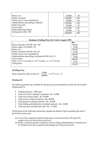 Prime cost
Works overhead
Works cost or cost of production
Administration and selling overheads
@Rs.25 per unit
Cost of sales
Profit (balancing figure)
Selling price @Rs. 300
50,000
1,90,000
60,000
2,50,000
25,000
2,75,000
25,000
3,00,000
50
190
60
250
25
275
25
300
Estimate of Selling Price Per Unit in August 1995
Direct materials 120/100 x Rs. 140
Direct wages 110/100 Rs. 50
Prime cost
Works overhead 105/100 x Rs. 60
Works cost or cost of production
Administration and selling overheads 80/100 x Rs. 25
Cost of sales
Profit @ 81/3 % on sale or 1/12th
of sales, i.e. 1/11th
of cost
selling price
Rs.
168.00
55.00
223.00
63.00
286.00
20.00
306.00
27.82
333.82
Working Note
Ratio of profit to sales in July 95 =
300000
25000
= 1/12th
or 8 1/3 %
Problem 18
The following details are available for the previous years production of fans for M/s Eastern
Engineering Co.
• Total production-- 1000 units
• Total cost of raw materials consumed-- Rs. 12,000
• Total cost of direct labor-- Rs. 20,000
• Total works overhead expenses-- Rs. 40,000
• Total general overhead expenses-- Rs. 36,000
• Total selling and distribution overhead expenses-- Rs. 16,000
• Total sale price for 800 units sold-- Rs. 11,2640
On the basis of the following instructions, prepare the details of price quotation per unit of
fan for the current year:
(a) Costs of raw materials and direct labor have to be increased by 10% and 15%
respectively over the previous year level.
(b) Works overhead, general overhead as well as selling and distribution overhead are to
be charged at the same respective percentages as in the previous year.
 