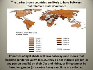 The darker brown countries are likely to have Folkways
                 that reinforce male dominance.




    Countries of light shade will have folkways and mores that
facilitate gender equality. In N.A., they do not indicate gender (or
  any person details) on their CVs and hiring, or firing cannot be
   based on gender (or race) or heavy sanctions are enforced.
 