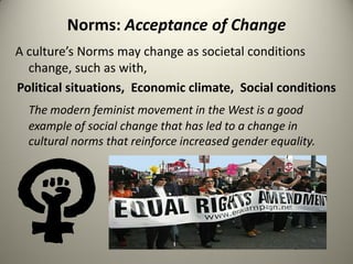 Norms: Acceptance of Change
A culture’s Norms may change as societal conditions
  change, such as with,
Political situations, Economic climate, Social conditions
  The modern feminist movement in the West is a good
  example of social change that has led to a change in
  cultural norms that reinforce increased gender equality.
 