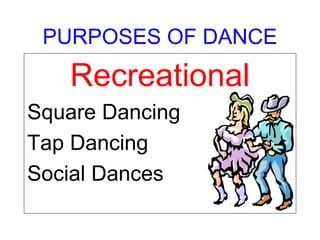 PURPOSES OF DANCE
Recreational
Square Dancing
Tap Dancing
Social Dances
 