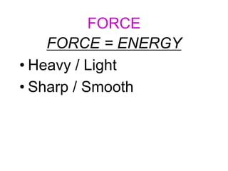 FORCE
FORCE = ENERGY
• Heavy / Light
• Sharp / Smooth
 
