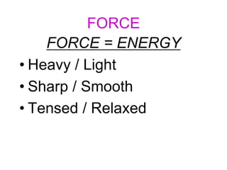 FORCE
FORCE = ENERGY
• Heavy / Light
• Sharp / Smooth
• Tensed / Relaxed
 