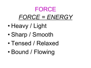FORCE
FORCE = ENERGY
• Heavy / Light
• Sharp / Smooth
• Tensed / Relaxed
• Bound / Flowing
 