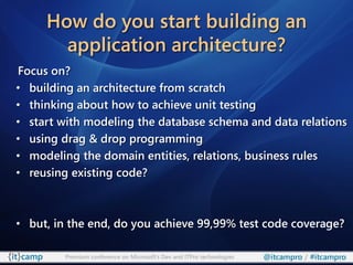 How do you start building an
       application architecture?
Focus on?
• building an architecture from scratch
• thinking...